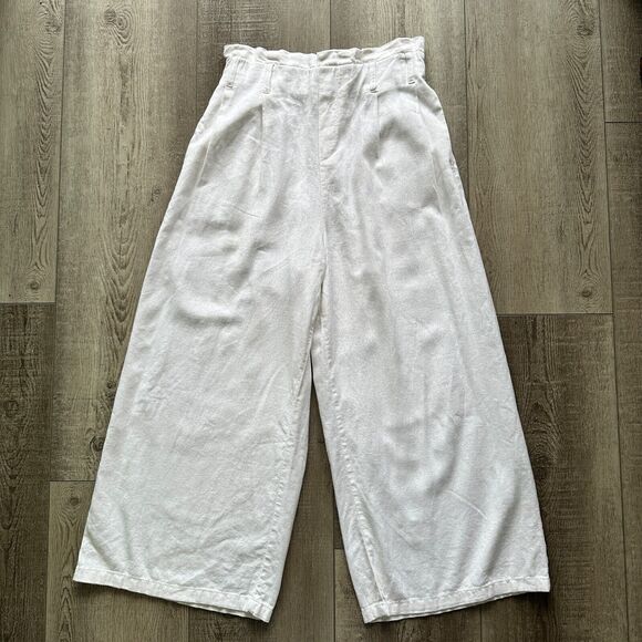 Love Tree Pants - Love Tree Wide Leg Cropped Trouser Pants Elastic Waist Pockets Linen Blend Sz M